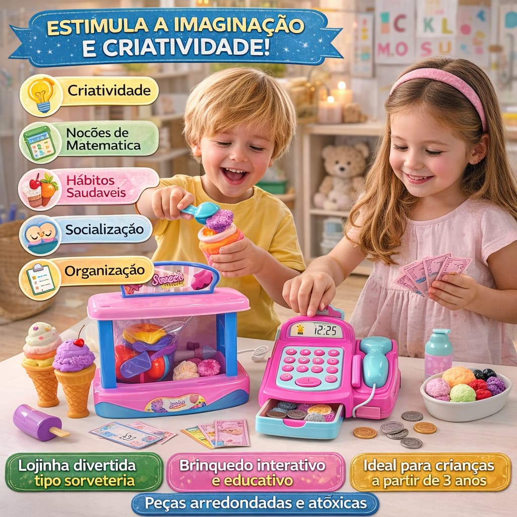 Kit Caixa Registradora Infantil Brinquedo Educativo Sorveteira Colorida Diversao Crianca