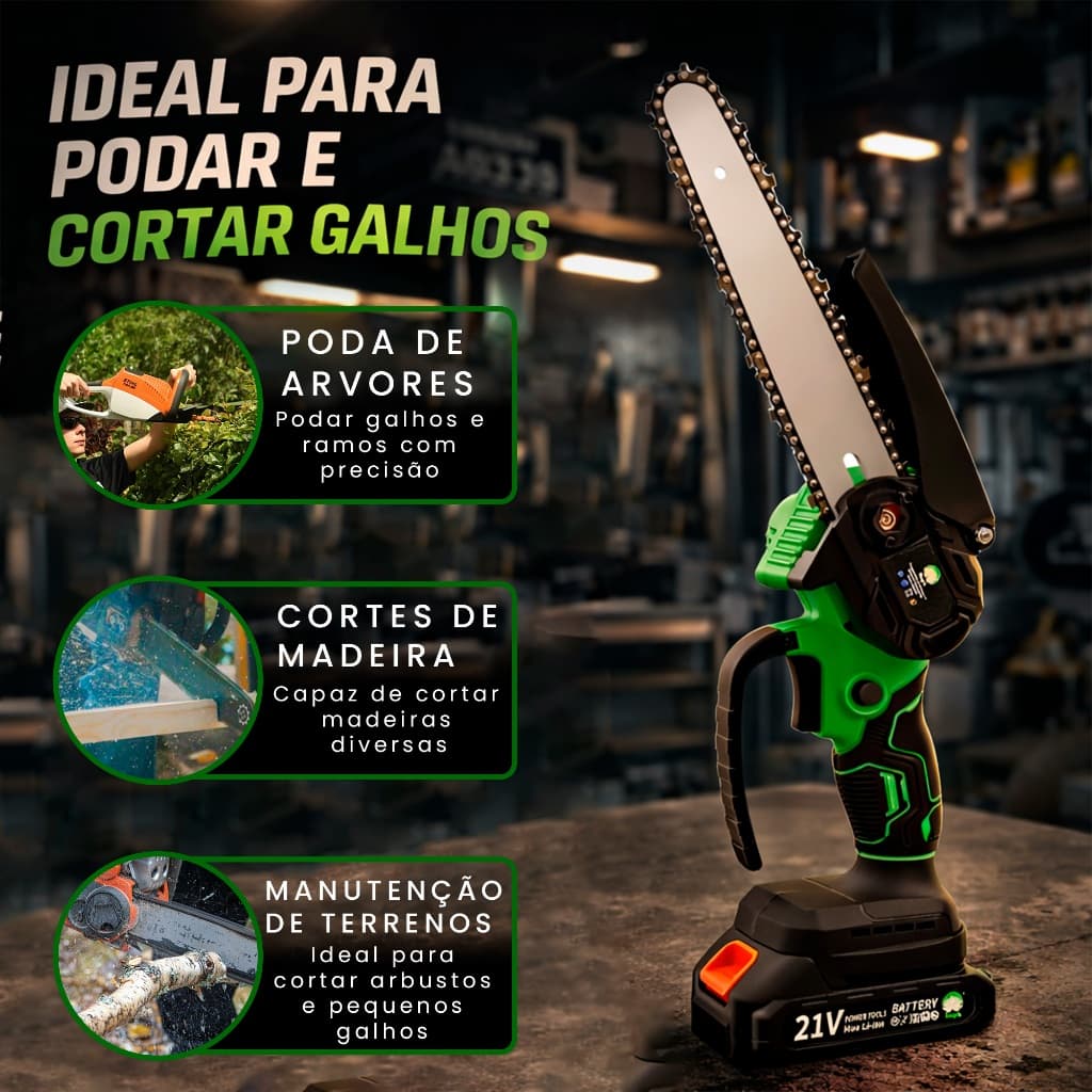 Mini Motosserra Elétrica 8 Polegadas Recarregável Bivolt 110v/220v 2 Baterias + Maleta