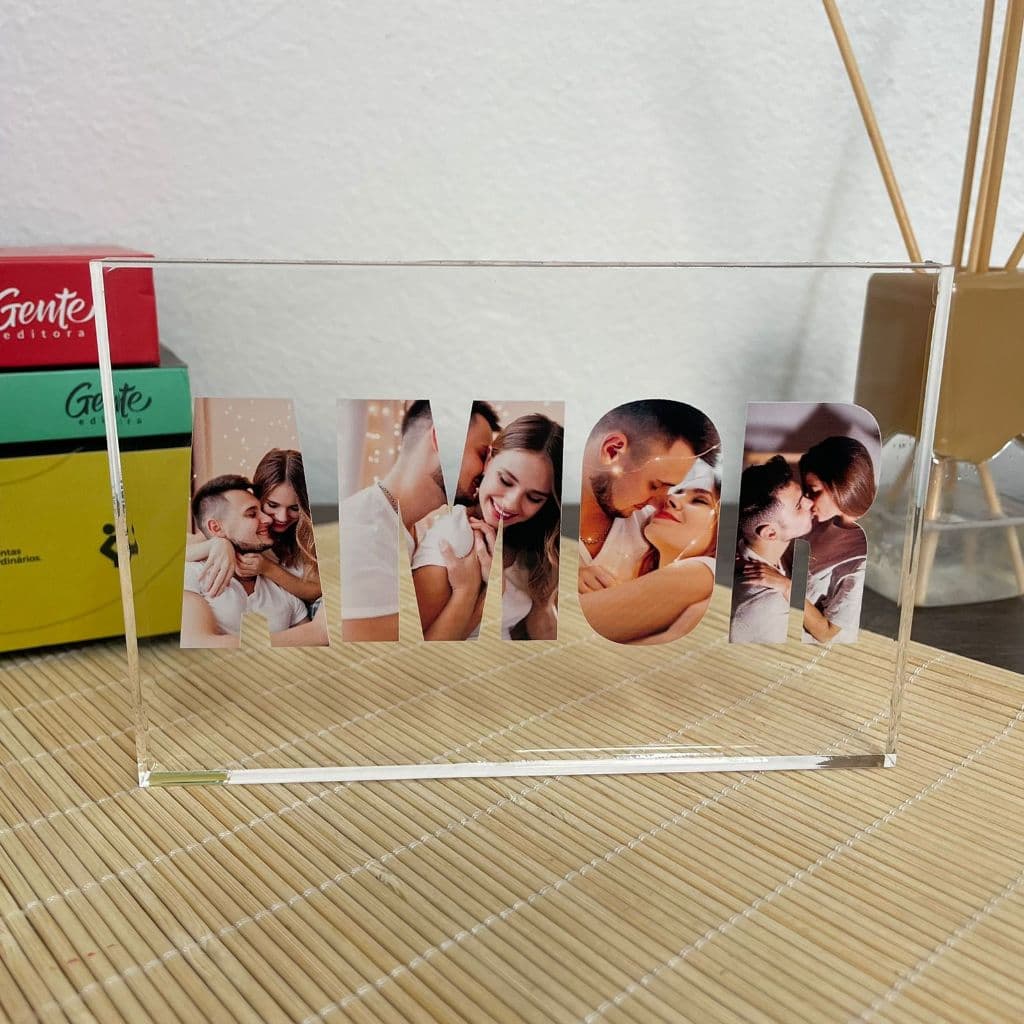 Porta Retrato Acrílico Personalizado com Foto Amor Bloco de Mesa Moldura Presente Decoração