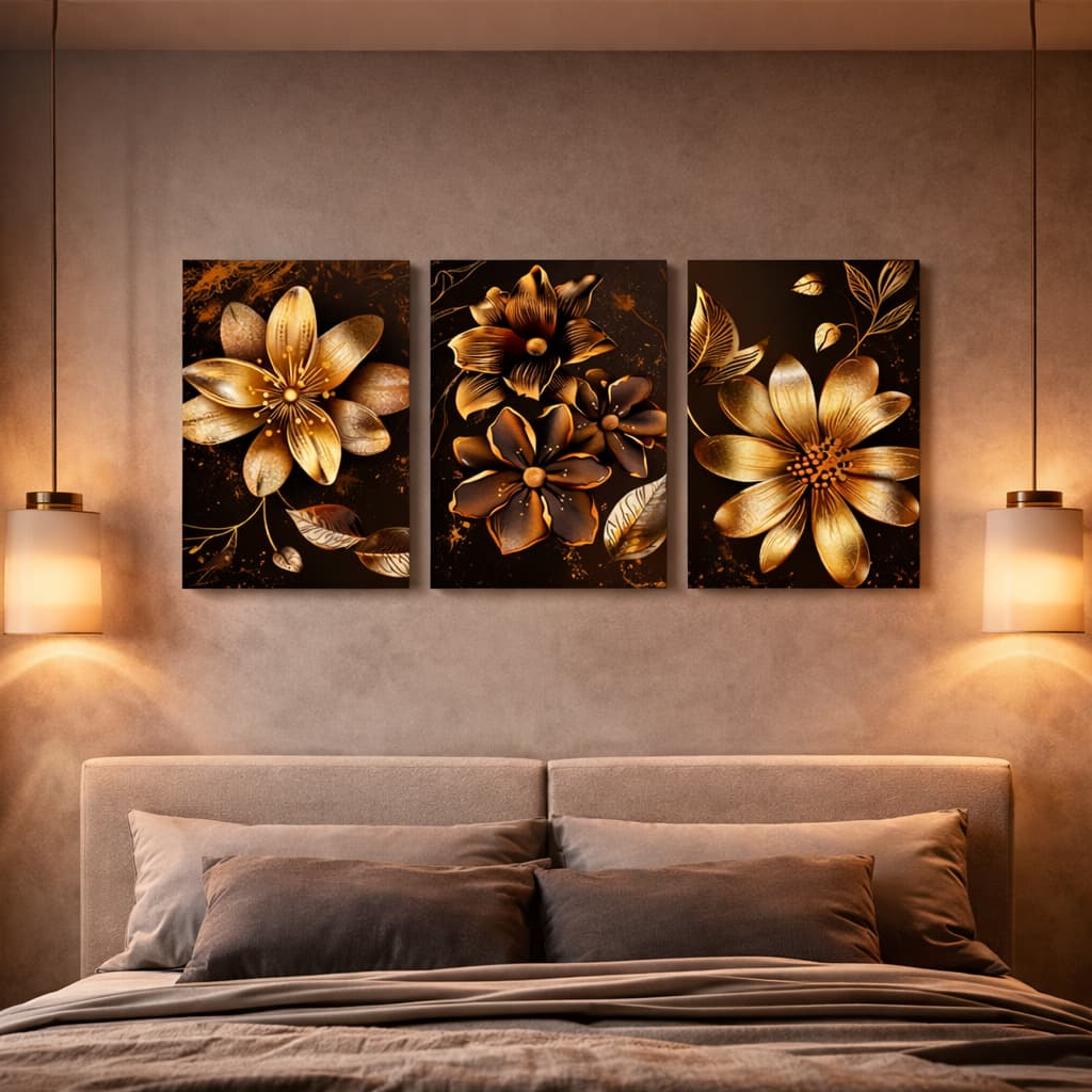 Quadro Decorativo 122x60 Flores Douradas Metálicas Vibrantes Abstrato Moderno Decoração Sala Quarto