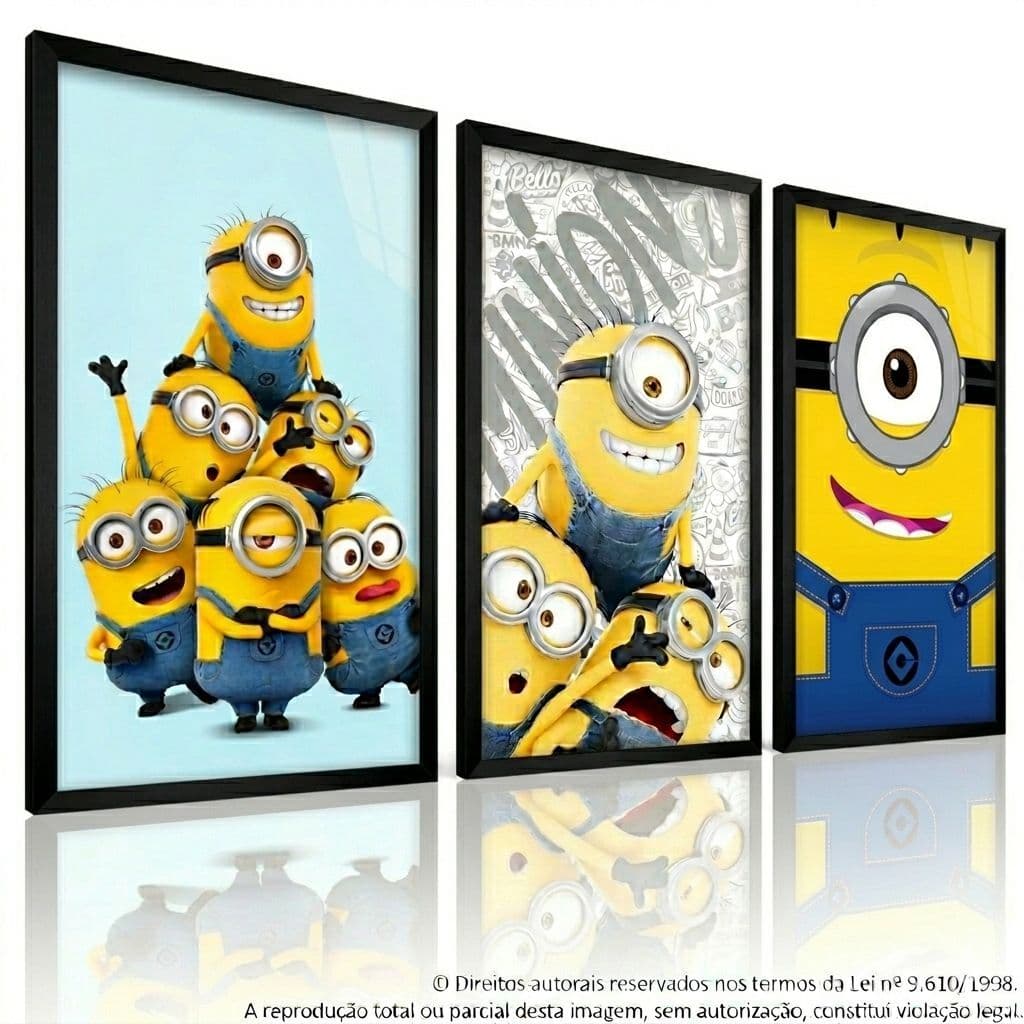 Kit 3 Quadros Decorativos Minions Infantil Quarto Menino Com Moldura Luxo Gamer Geek