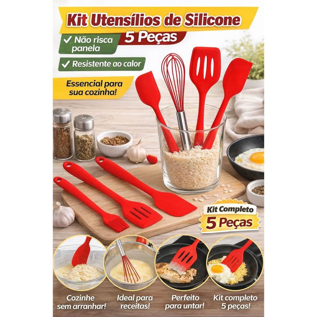 👉 Kit Colher Silicone Cozinha 5 Peças Não Risca Panela Resistente ao Calor