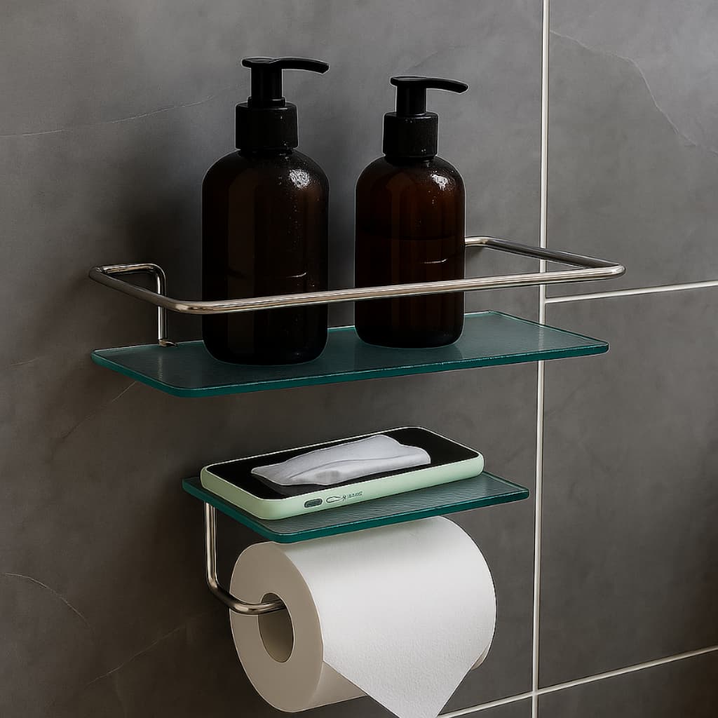 Kit Porta Shampoo Reto Veneza Prateleira Vidro 30cm + Papeleira com Porta Objetos Porta Celular