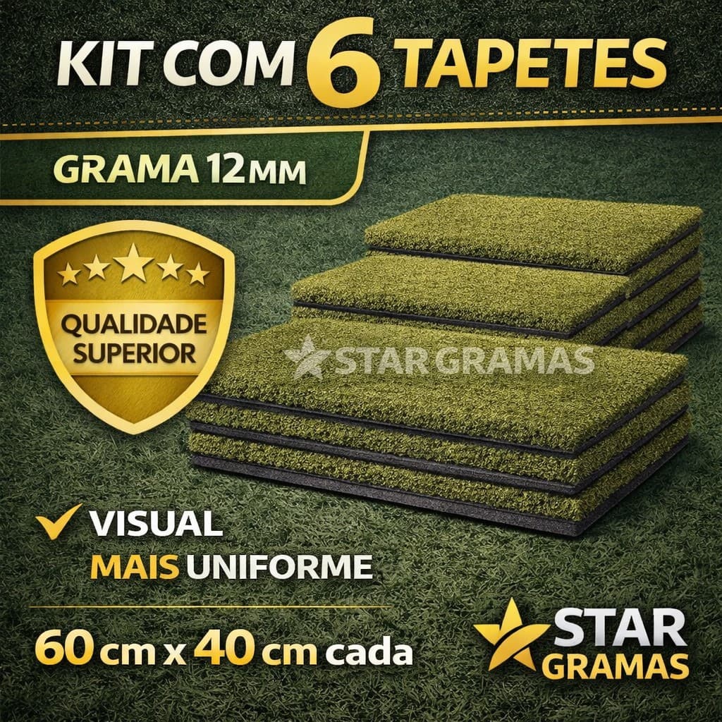 KIT 6  TAPETES DE GRAMA SINTÉTICA 60x40 – 1,44 m² – ANTIDERRAPANTE – PET – PLAYGROUND- SANITÁRIO PET