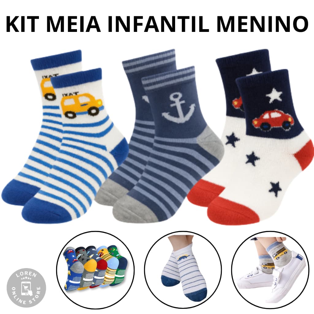 Kit Até 24 Pares De Meia Infantil Menino Antiderrapante Estampada De 0 a 08 Anos