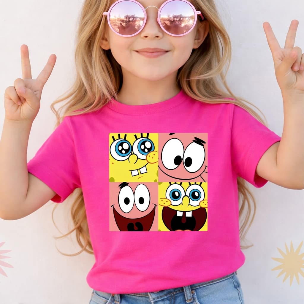 Camiseta Infantil Menina Bob Esponja Quadrinhos Caretas Bob e Patrick Blusa em 100% Algodão Premium