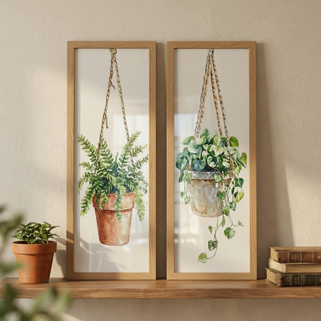 Kit 2 quadros 18x45 cm, quarto, sala, escritório, varanda, cozinha  com moldura e vidro plantas