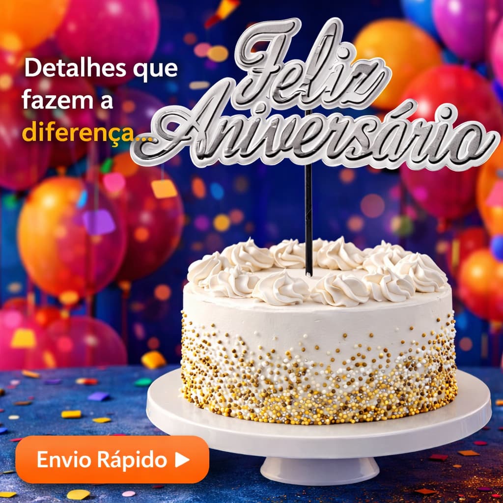 Topo/Topper de bolo personalizado Feliz Aniversário em papel lamicote prata/Topo Premium - Envio Rápido