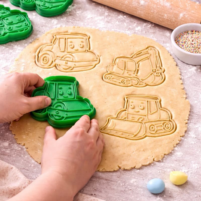 kit 4 peças molde cortador + carimbo tema carrinho construtor para biscoitos -cookies-massinha carrinho, pasta americana