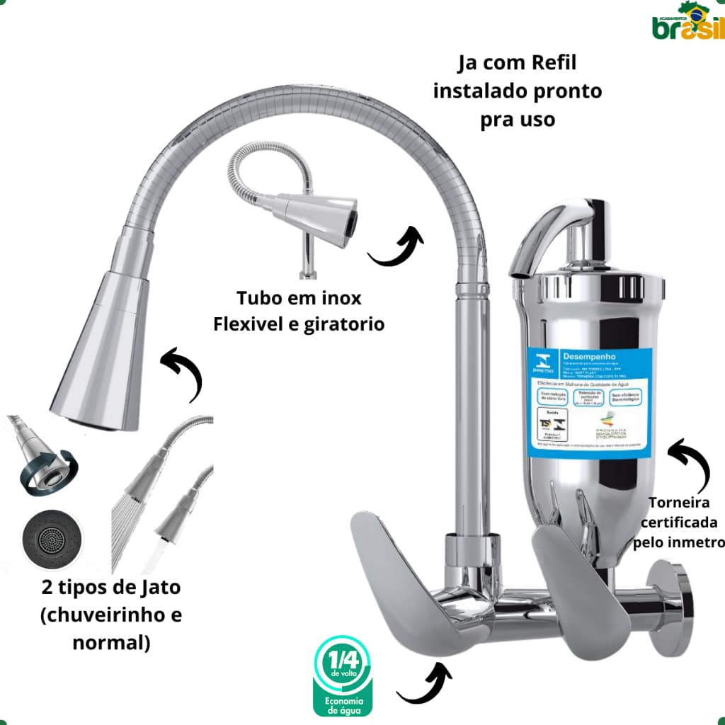 Torneira com Filtro para Cozinha Inox Gourmet Cromada Refil purificador dois jatos parede