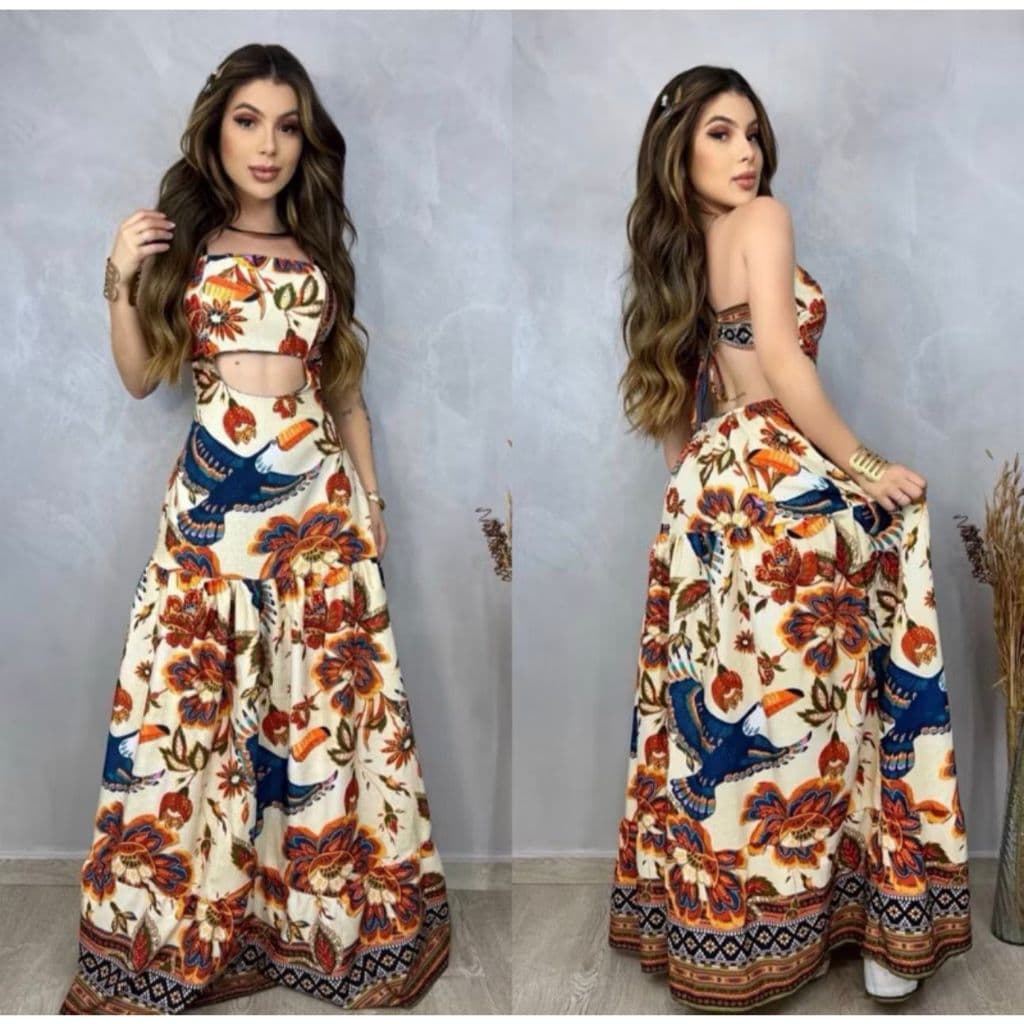 Vestido feminino longo estampado moda floral