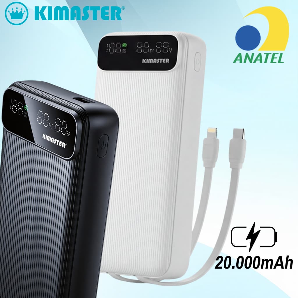 Carregador Portátil Power Bank USB-C 20000mah Kimaster Universal Saída 2 Cabos