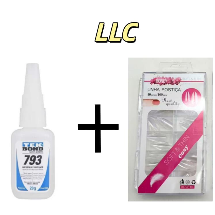 Cola Instantânea Tek Bond 793 20g+Unhas Tips Profissional Honey Girl 10 Tamanho Com 100 Unidades Curvatura C
