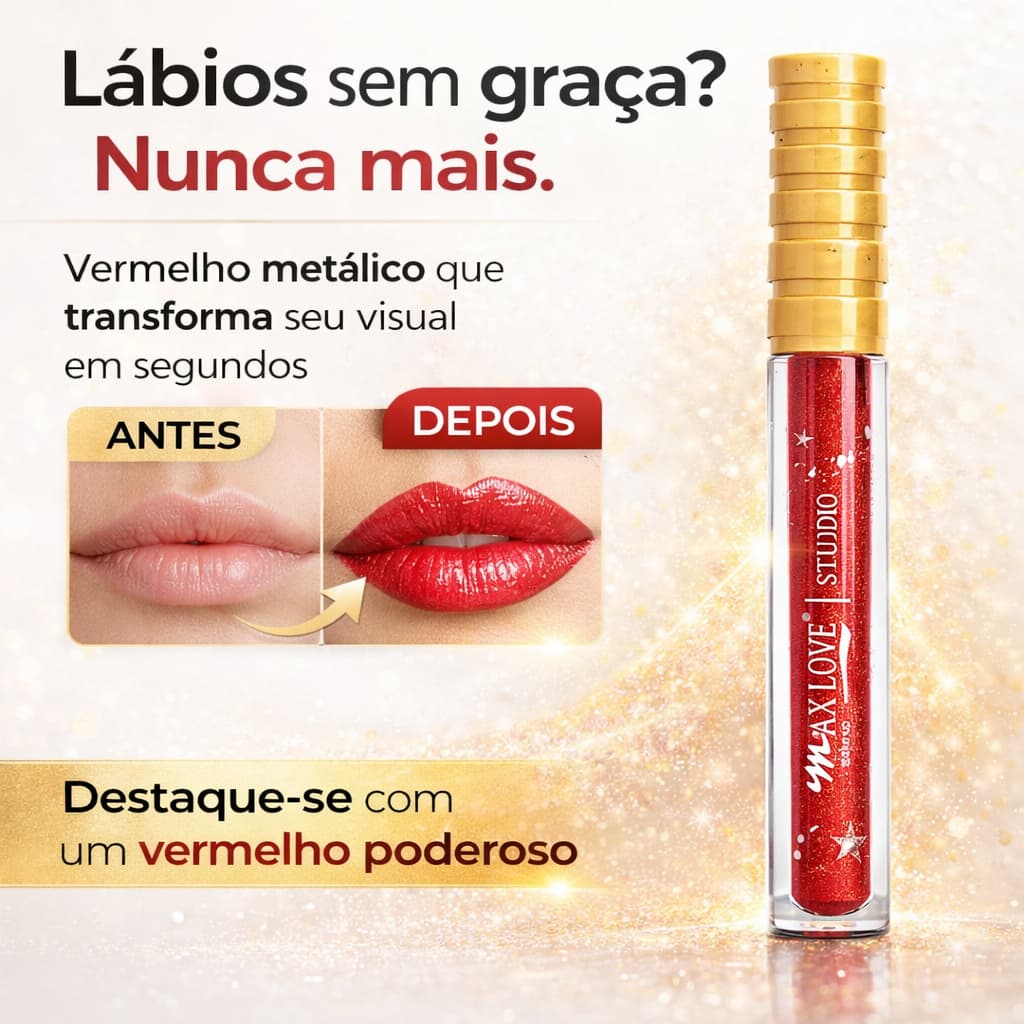 Lip Tint Metalizado Max Love 532 Vermelho Metálico Longa Duração Batom Líquido 5ml