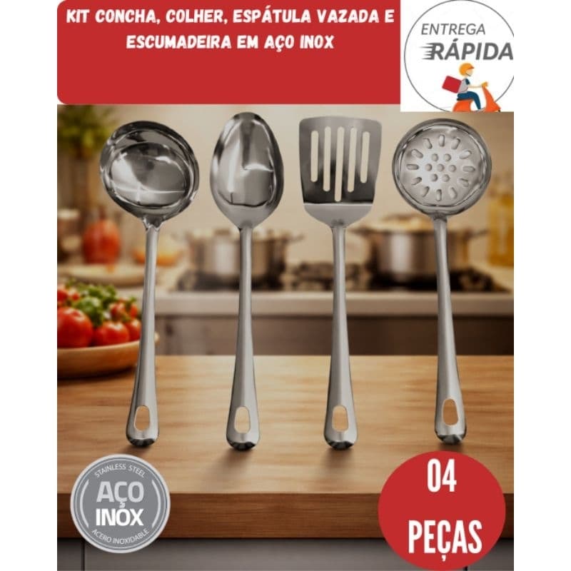 CONCHA, COLHER DE ARROZ, ESCUMADEIRA E ESPATULA VAZADA KIT 4 UTENSILIOS INOX