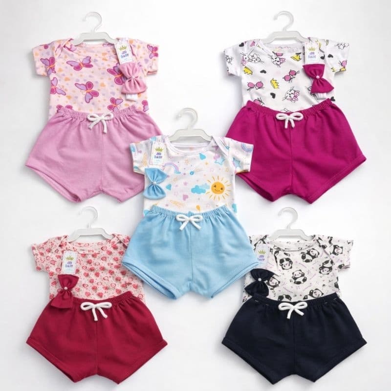 conjunto 2 peças Bebê Menina Body Short Tiara RN 0 a 4 Meses enxoval bebê menina saida maternidade luxo Estampada verão