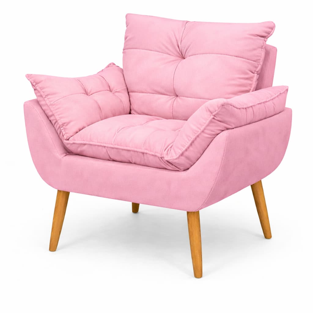 Poltrona Decorativa Rosa para Quarto de Bebê Suede Pés Palito Moveis Rack Smart Tv