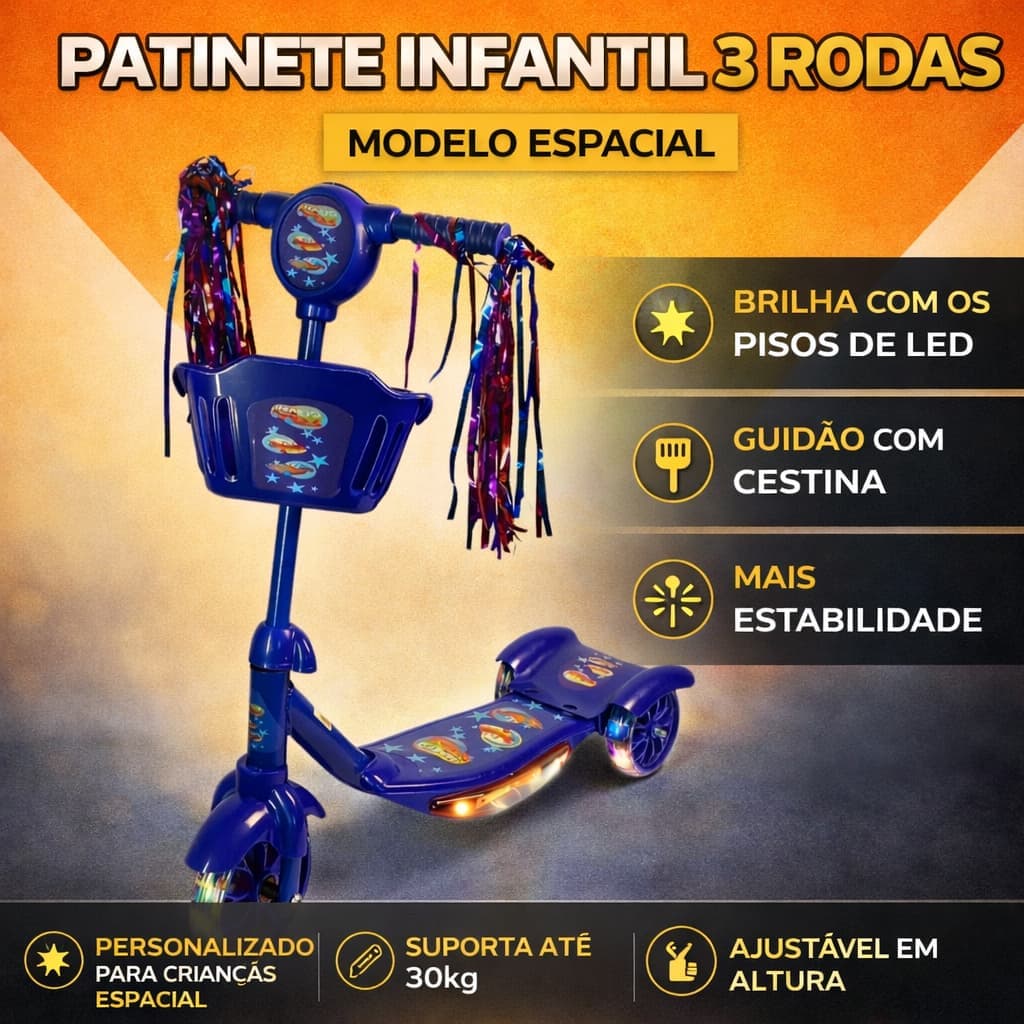 Patinete Infantil 3 Rodas Com Luz Som Cestinha Dobrável Azul