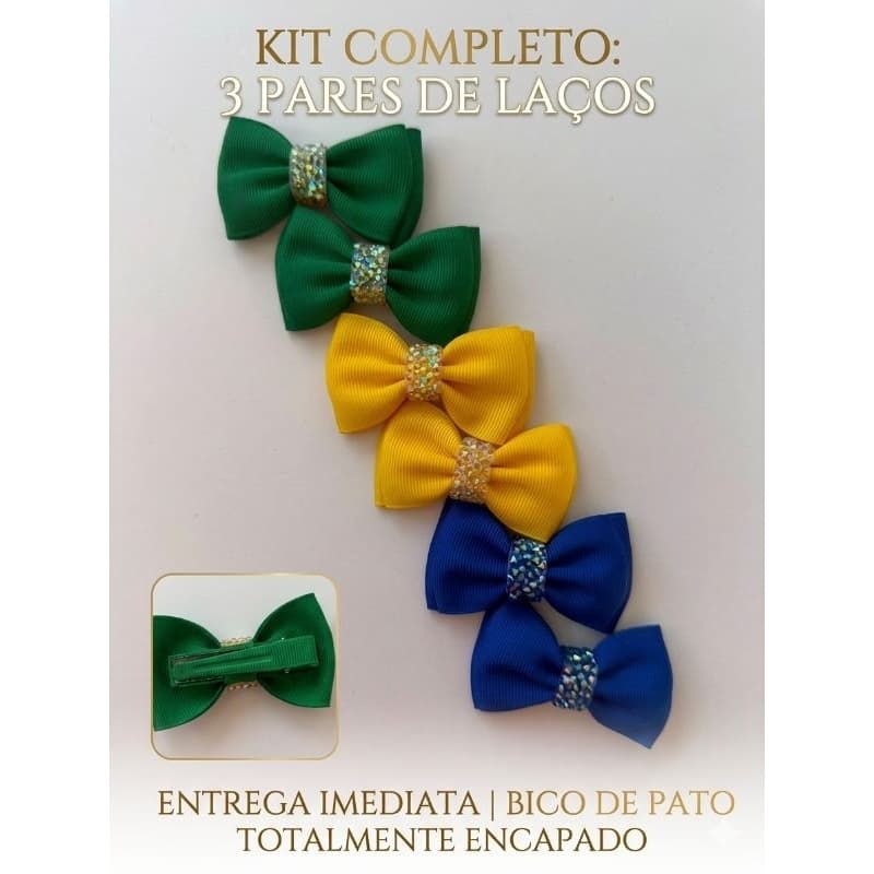 Kit 3 Pares Laços de Cabelo Copa do Mundo Brasil Bico de Pato Encapado
