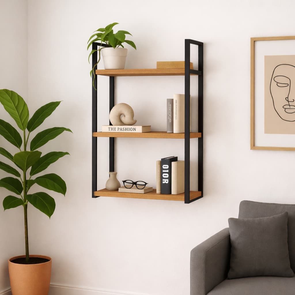 Prateleira Nicho Industrial 60cm com 3 Andares Base de Ferro Tampo de Madeira Prateleira Decorativa