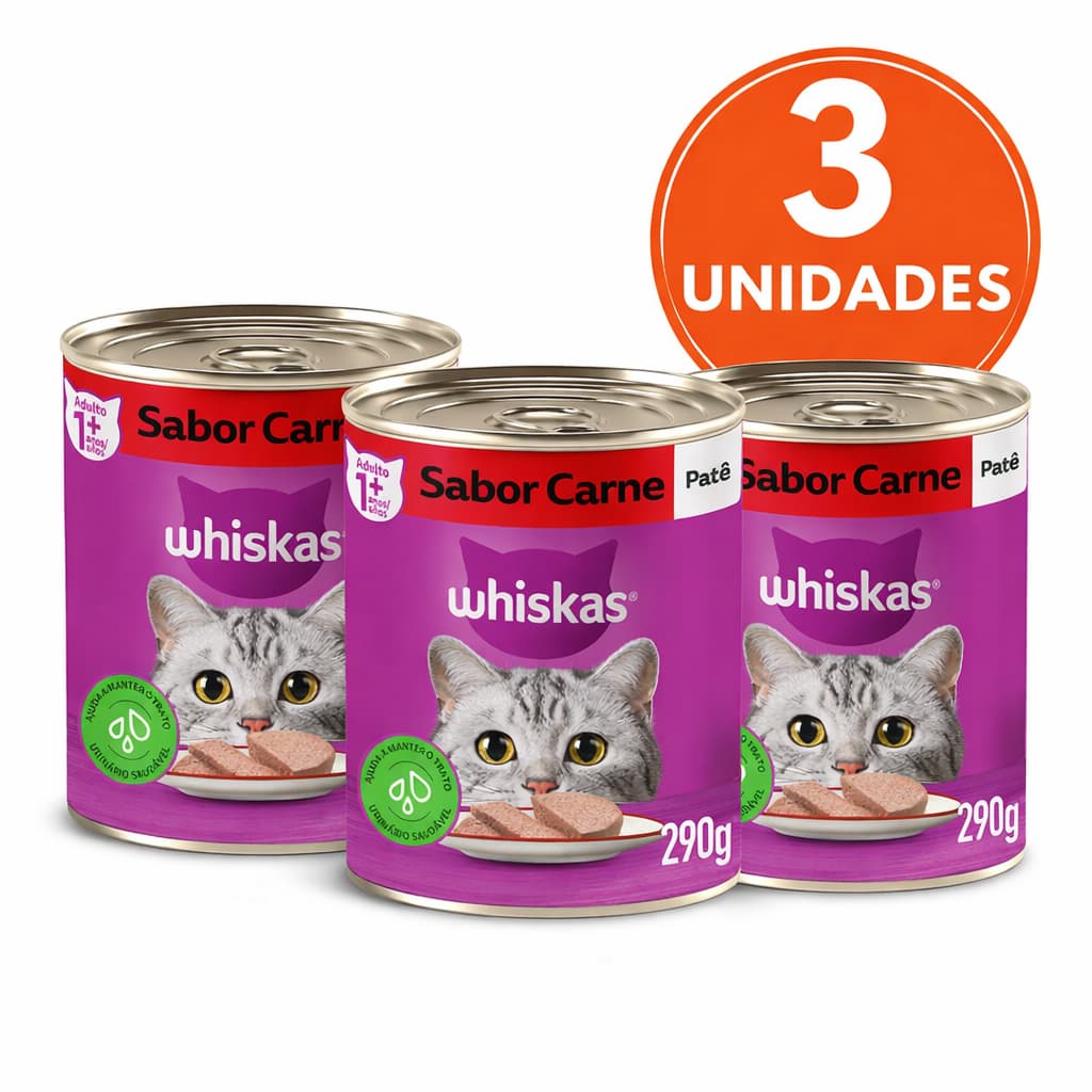 Kit 3 Un Ração Úmida Whiskas Carne 290g para Gatos Adultos Lata Patê Sabor Carne