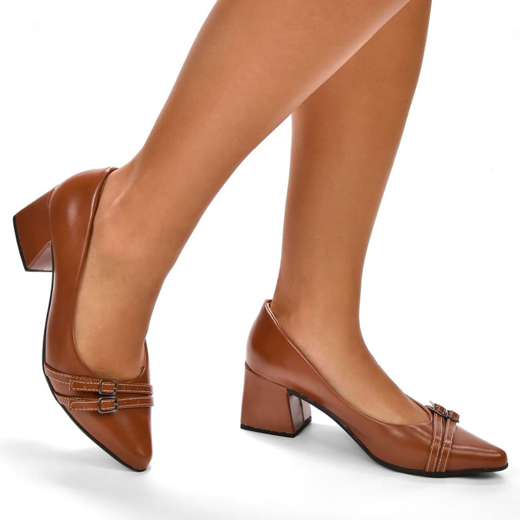 Sapato Scarpin Feminino Bico Fino CM Calçados Social Trabalho Salto Bloco Quadrado Alto Confortável Enfeite Duas Fivelas