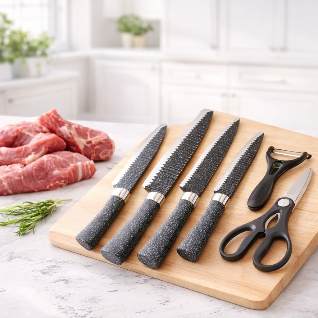 Jogo de Facas Profissional 6 Peças Inox Antiaderente Chef Cozinha Completo Tesoura Descascador