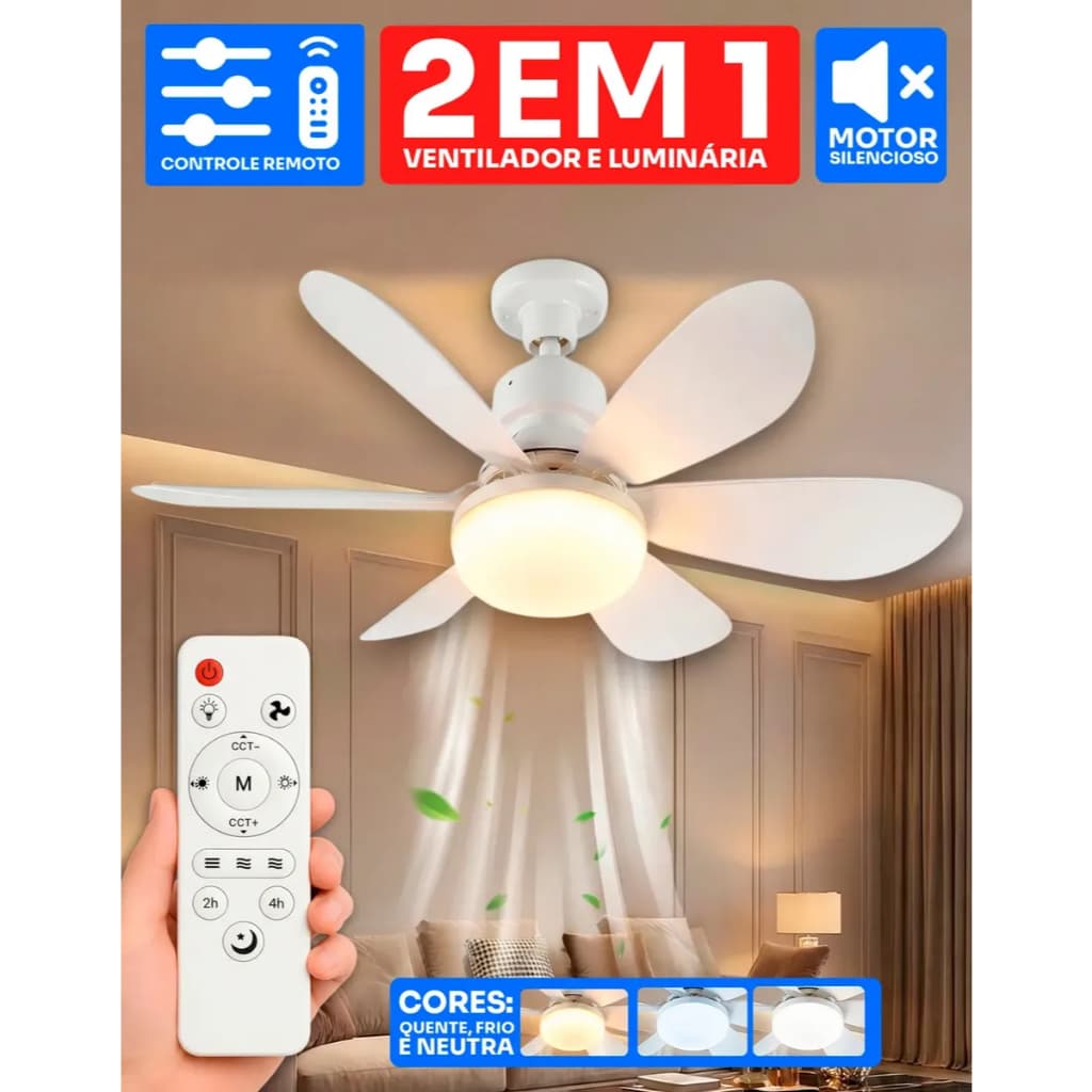 Ventilador de Teto E27 com Controle Remoto, 127V/220V, 6 Pás Potentes, Luz LED 60W Potente, 3 Cores, Instalação Fácil