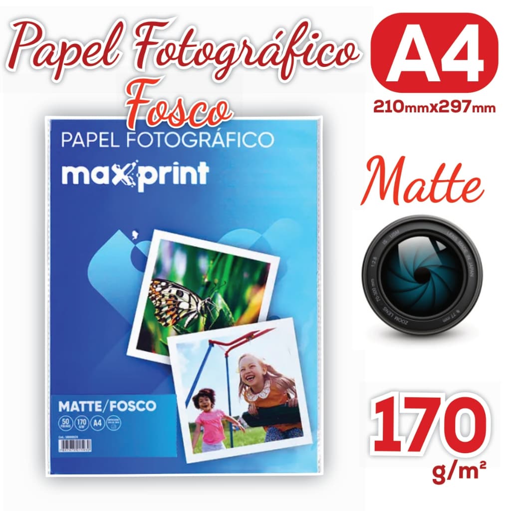 Papel Fotográfico Matte 170g A4 Pacote com 50 Folhas Fosco 210x297mm Jato de Tinta / Laser Max Print