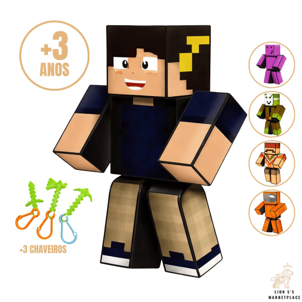 Boneco Minecrafit Articulado Com 3 Chaveiros 35 Cm Personagens Gamer