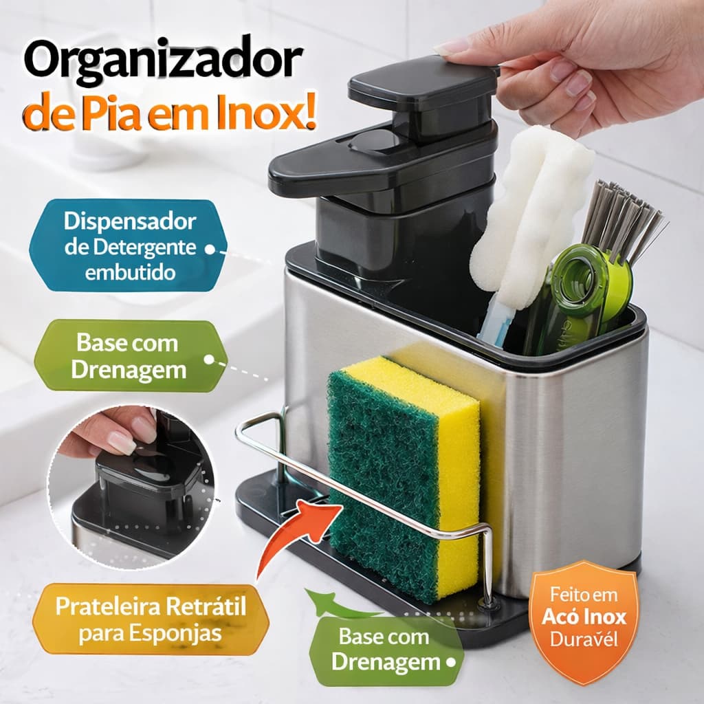 Organizador Pia Inox Porta Detergente Suporte Esponja Cozinha Compacto