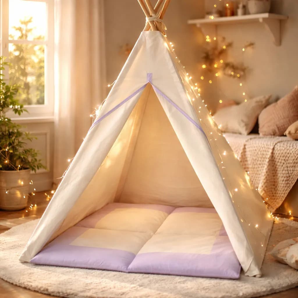 Tenda cabana montessoriana+tapete acolchoado com detalhes lilas 135x110x110cm