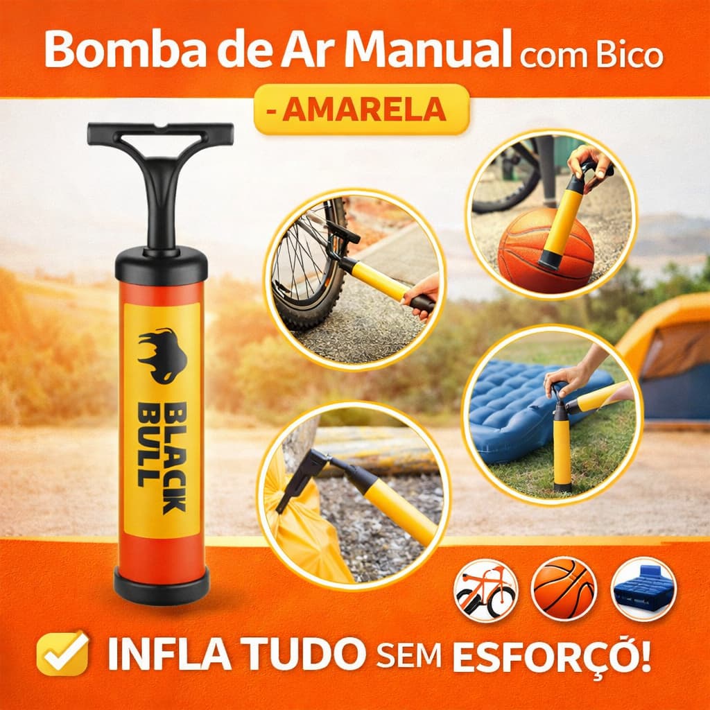 Bomba De Ar Manual Compacta Portatil Com Bico Inflador Amarela Alta Pressao Facil Uso