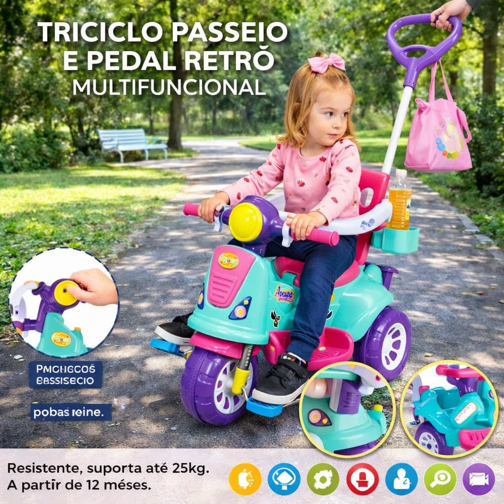Triciclo Infantil Pedal Passeio Andador Rosa Design Seguro Confortavel Diversao Infantil
