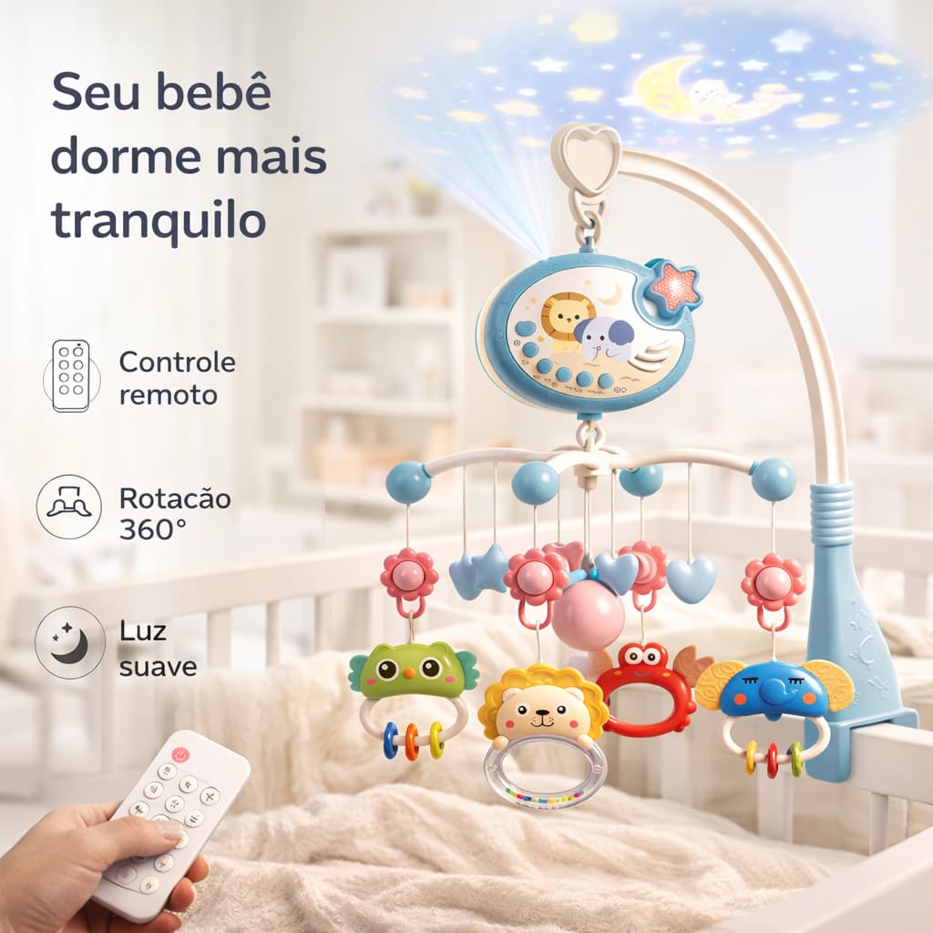 Móbile Musical Giratório Controle Remoto Projetor Acalmar Bebê Rápido
