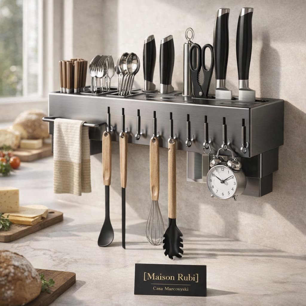 Suporte Organizador de Utensílios de Cozinha 10 Ganchos Aramado Porta Utensilios Resistente Cinza