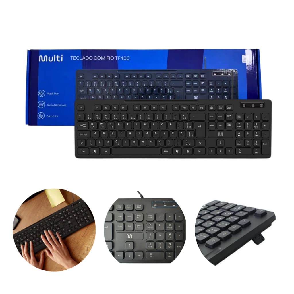 Teclado Com Fio 1,7 Metros 3 Níveis Ajustáveis Teclas Silenciosas e Conexão Usb Preto ABNT2 - TC144 * ENVIO NO MESMO DIA