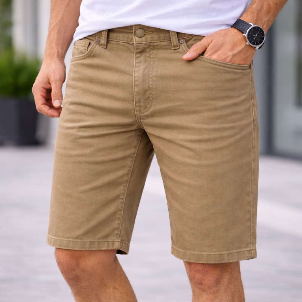 Bermuda Sarja Cáqui Masculina c/ Elastano Slim Fit Confortável Algodão Premium Casual Moderna Verão Leve