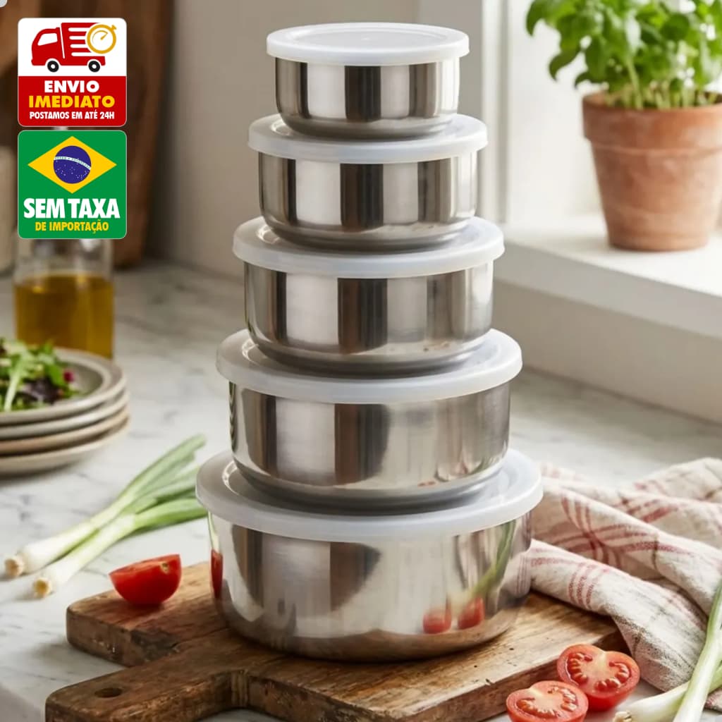 Jogo Potes Inox 5 Peças com Tampa Plástica Tigelas Cozinha Multiuso Resistente