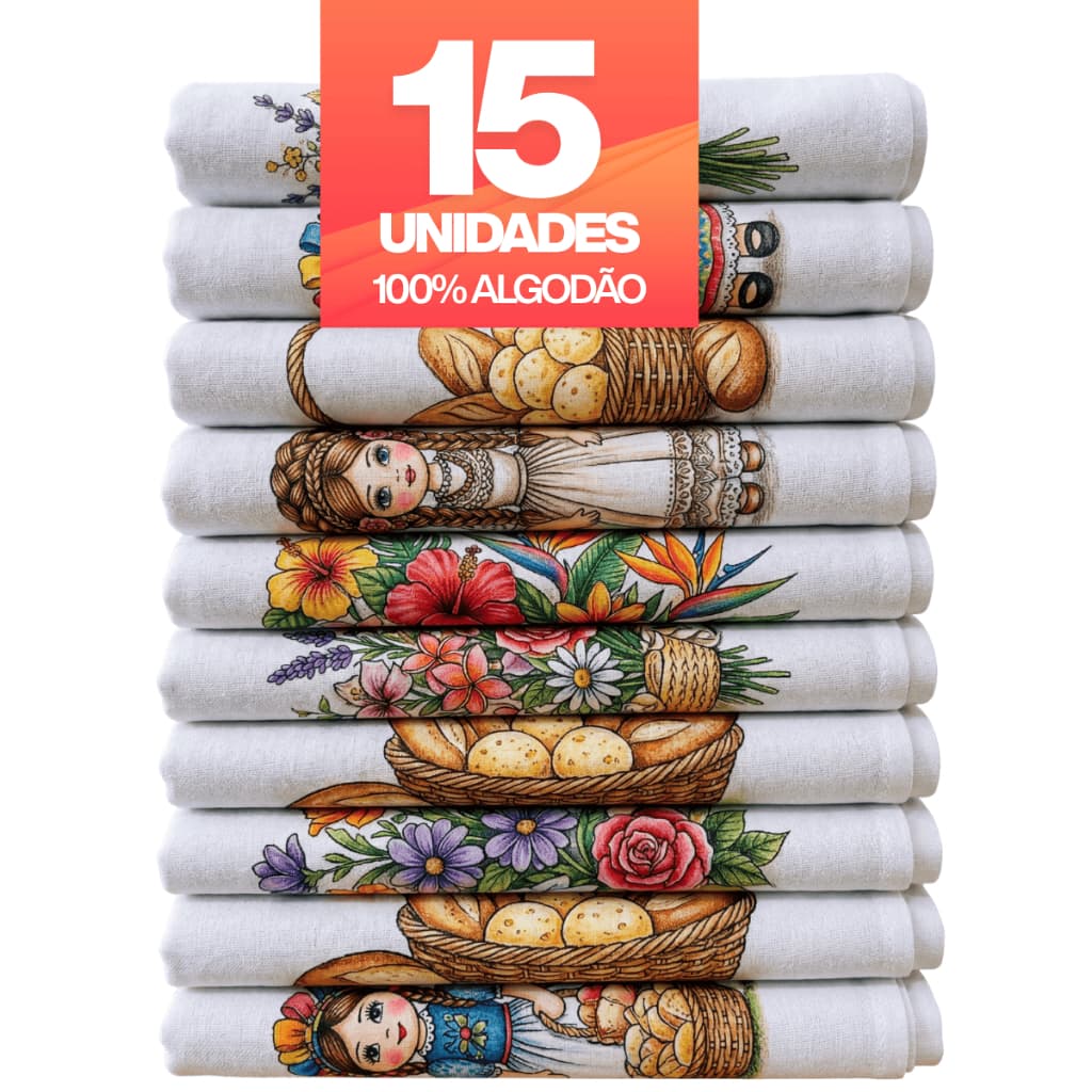 Kit 15 Panos de Prato Estampados 100% Algodão com Bainha 60x35 Atacado
