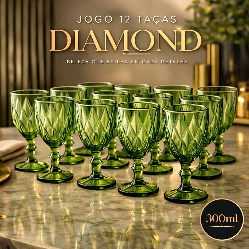 Jogo 12 Taças Diamond Verde 300ml Vidro Elegante Sofisticado Diamante Vinho Água Sofisticada