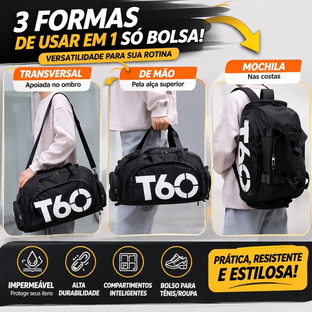 Bolsa Academia Impermeável 3 em 1 Mochila Mala de Mão Compartimento Tênis Viagem Esportiva