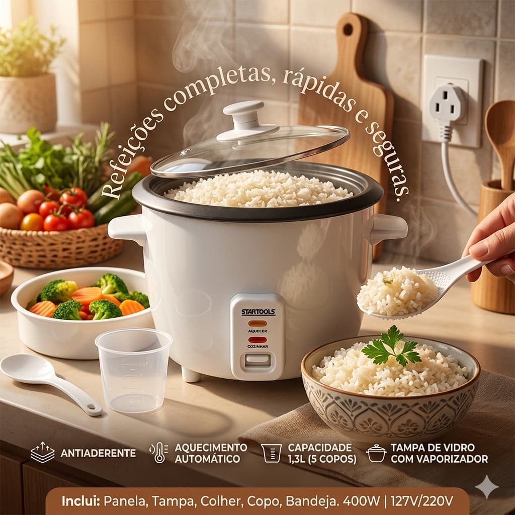 Panela de Arroz Elétrica 127V 220V 1.3 Litros Antiaderente Cor Branco Vapore Maison Automática Antiaderente Com Vapor