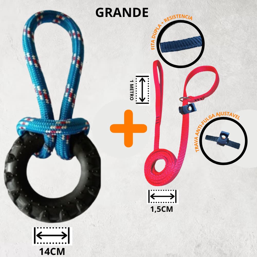 KIT BRINQUEDO MORDEDOR PARA CACHORRO PNEU MACICIÇO E PUXADOR COM CORDA + CINTO DE SEGURANÇA OU GUIA UNIFICADO