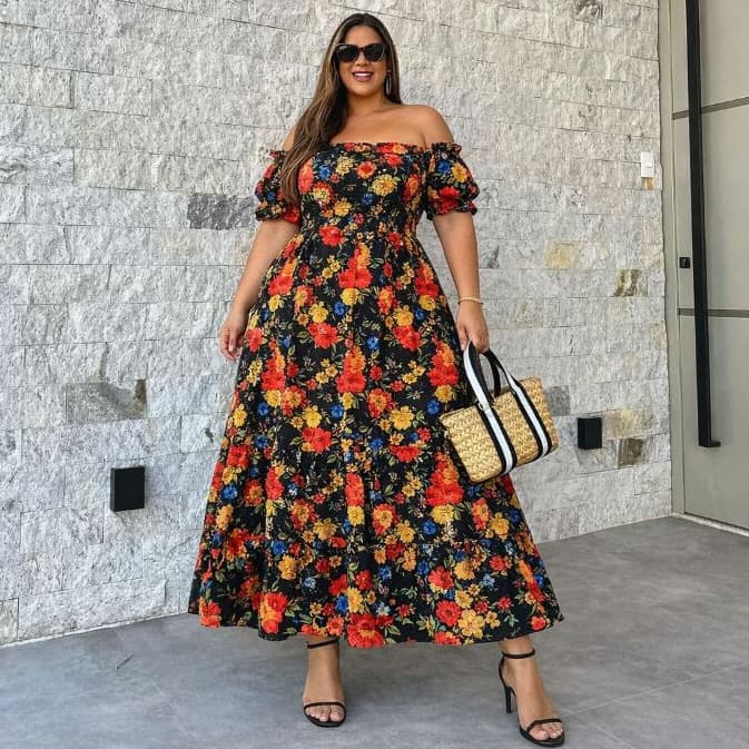 Vestido Plus Size Longo Estampado Manga Ciganinha Lastex Feminino Soltinho Moda Casual Elegante Evangélica Midi Verão