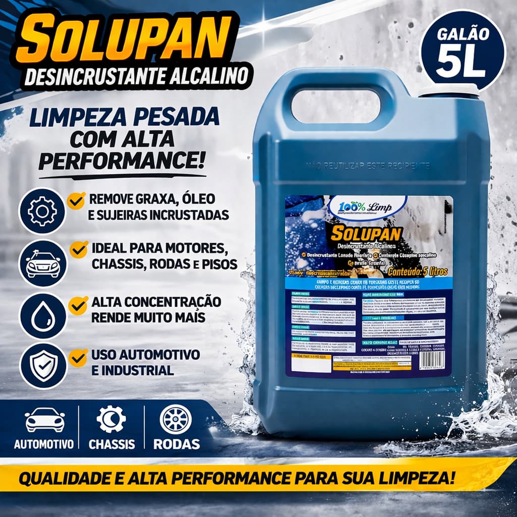 Solupan Desincrustante Alcalino 5L Concentrado – Limpeza Pesada Automotiva Motor Chassis