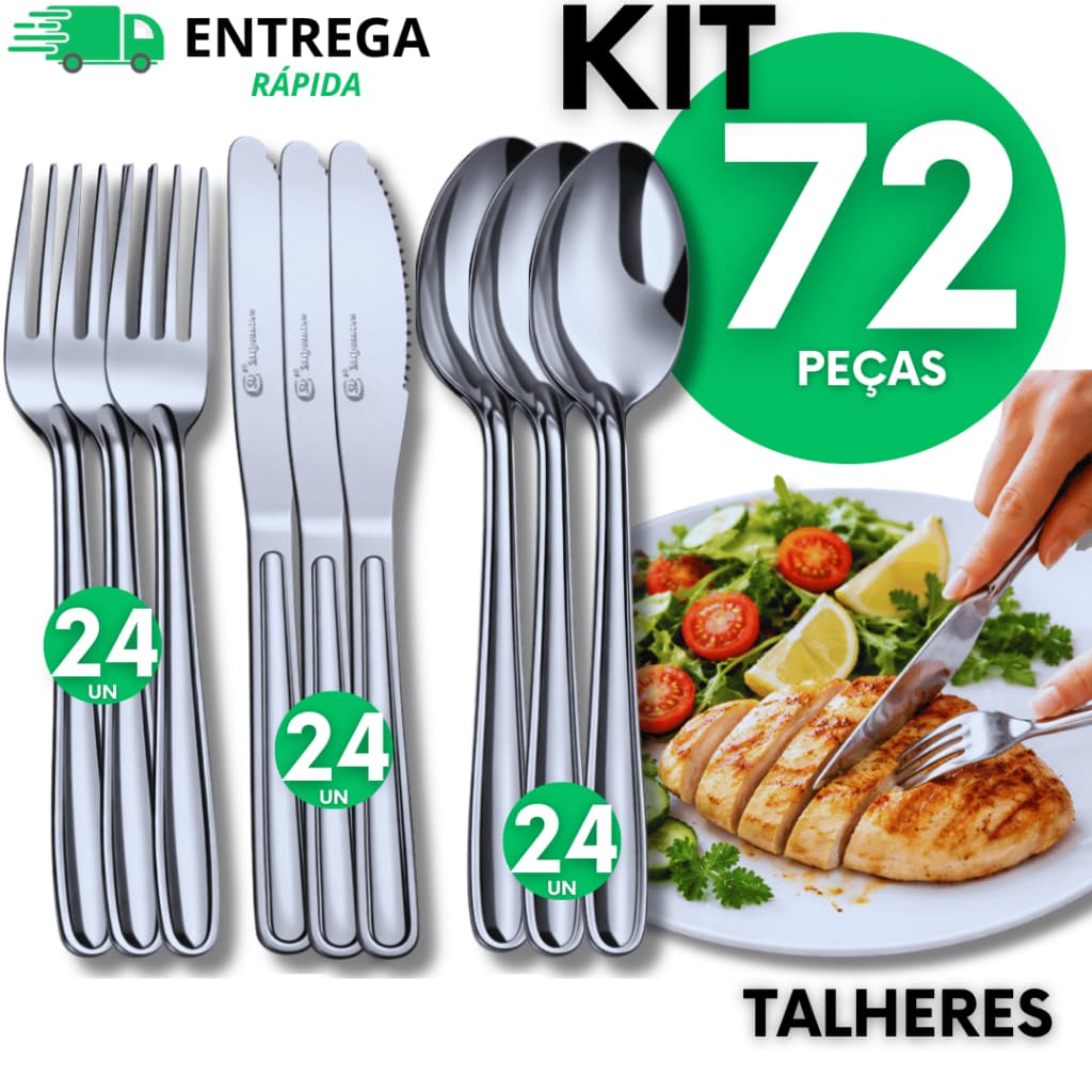 Talhares 72 Peças Inox 24 Facas c/ Serra 24 Garfos 24 Colheres de Sopa Mesa Jogo de Talheres