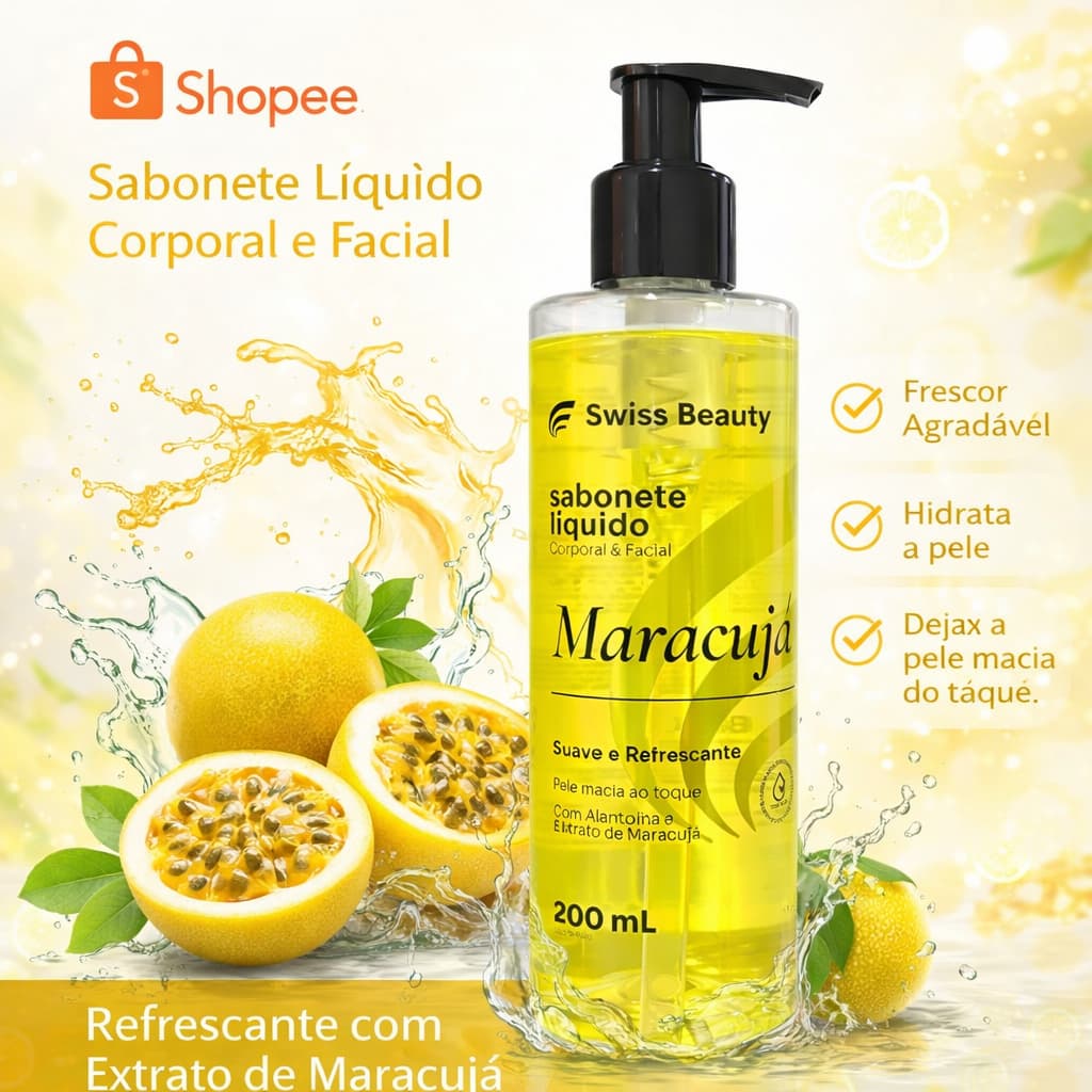 Sabonete Líquido Maracujá 200ml Corporal e Facial Hidratante com Extrato Natural e Alantoína