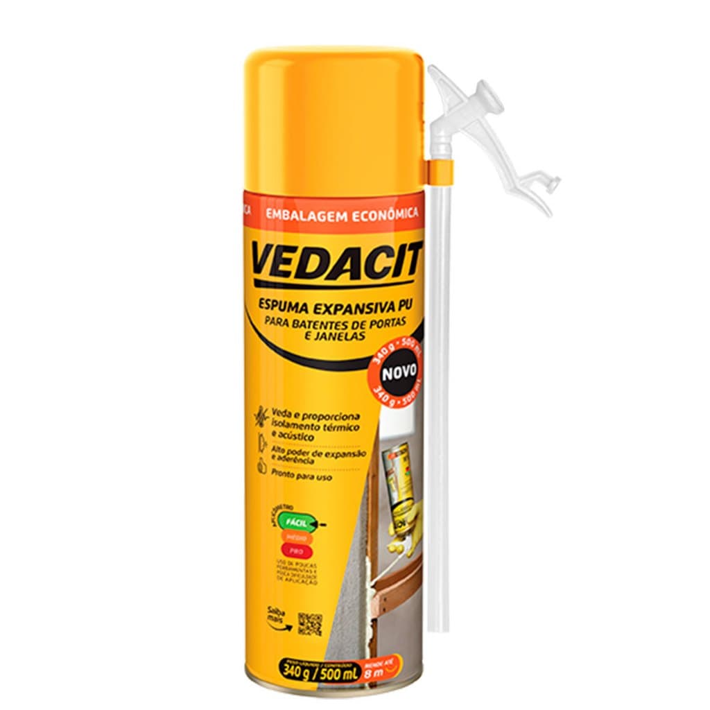 Espuma Expansiva PU Para Batentes de Portas e Janelas Pronto Para Uso 340g 500ml VEdacit