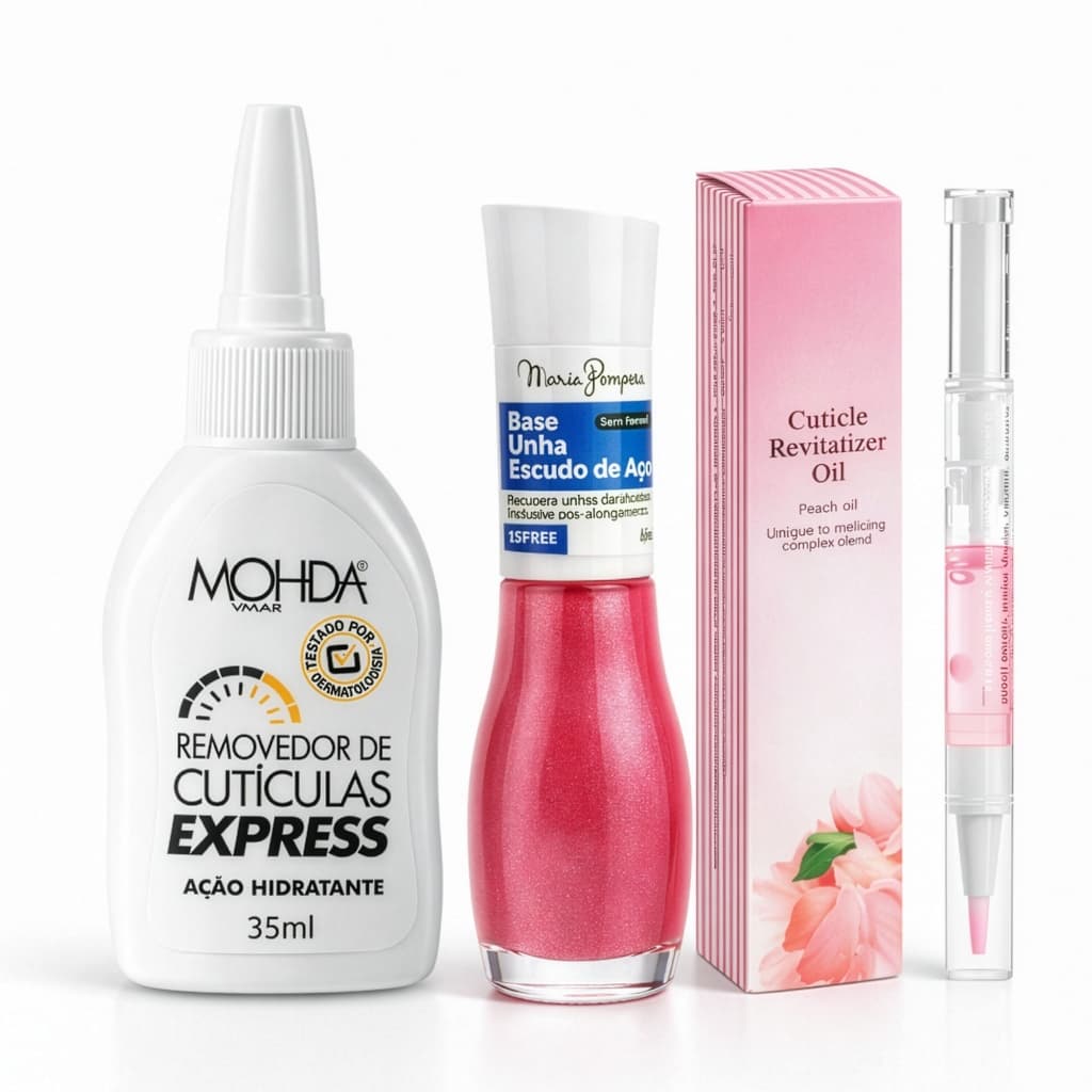 Kit Manicure Mohda Removedor Cutículas Express Base Unha Escudo Aço Cutícula Caneta Óleo